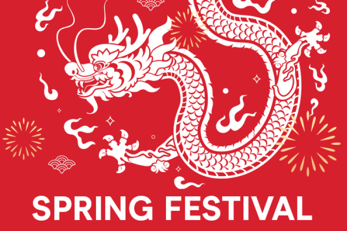 Photo of traditional Chinese dragon drawing. Poster reads Spring Festival