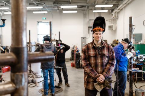 Trades student takes a break in the welding shop of the Vernon Trades Training Centre