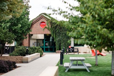 Outdoor courtyard with picnic bench on the Penticton campus