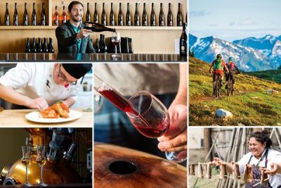 Collage of images showing wine, chefs, mountains and highlighting food, wine and tourism activities.